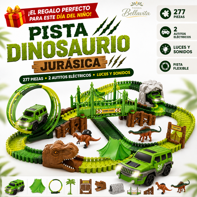 Pista Dinosaurio Jurásica 277 Piezas con 2 Autitos Eléctricos, Loop y Túnel
