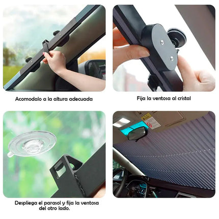 Parasol retráctil para auto la solución perfecta para mantener tu vehículo fresco y protegido.